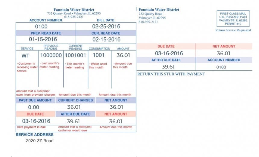 Fountain Water District sample water bill